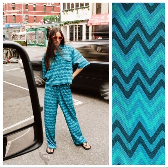 Zara Blue Green Geometric Palazzo Print Pull On pants Size Medium - Picture 1 of 14